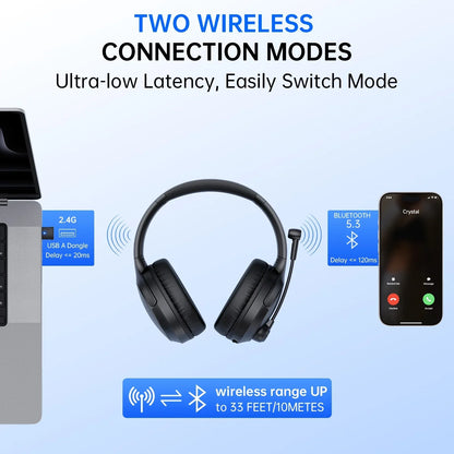 Wireless Headset with Mic AI Noise Cancelling for Work, Bluetooth V5.3 Headphones with Microphone for Computer Laptop PC Phone, Black