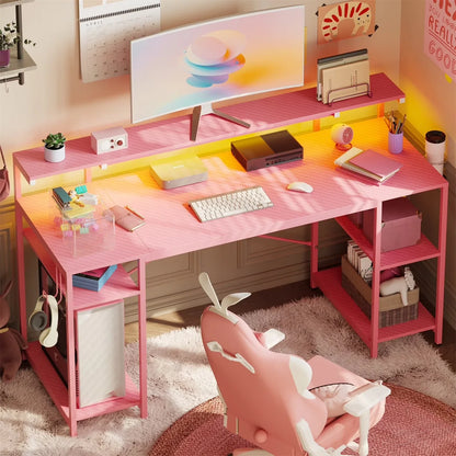 55" Pink Gaming Computer Desk with LED Light & Monitor Stand Corner Desk for Home Office, Pink Carbon Fiber