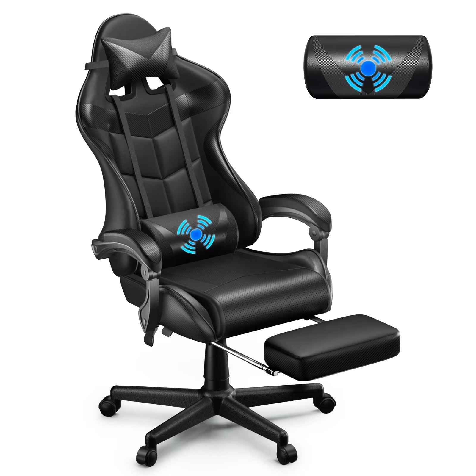Black gaming chair with lumbar support, headrest, and footrest for ergonomic comfort during long gaming sessions.