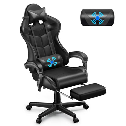 Black gaming chair with lumbar support, headrest, and footrest for ergonomic comfort during long gaming sessions.