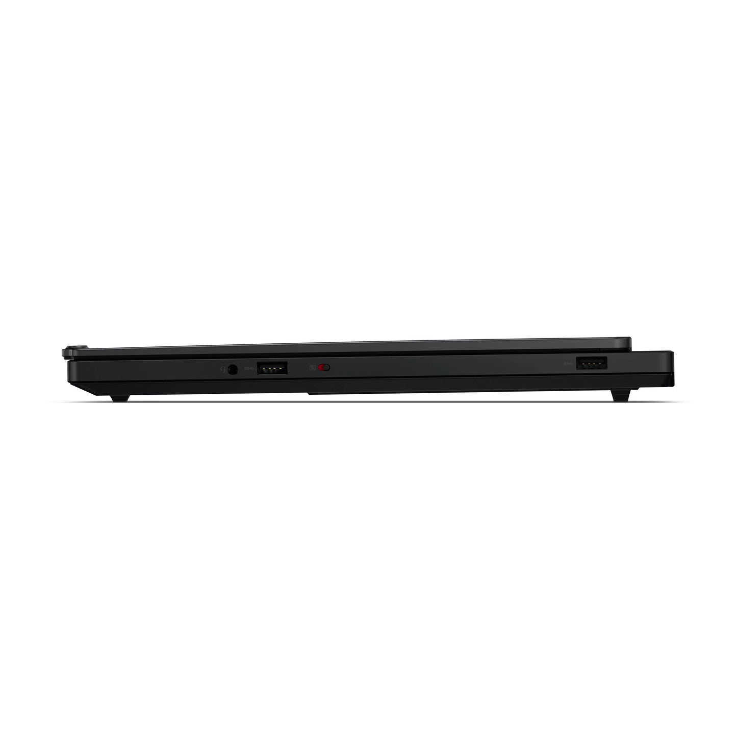 Slim black retro gaming laptop closed, side view showing ports and minimalist design