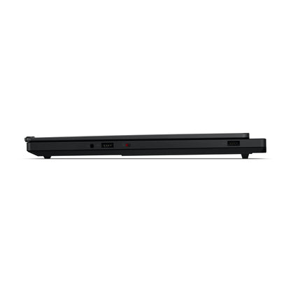 Slim black retro gaming laptop closed, side view showing ports and minimalist design
