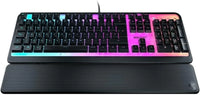RGB-backlit gaming keyboard with numeric keypad and wrist rest, modern pixel style