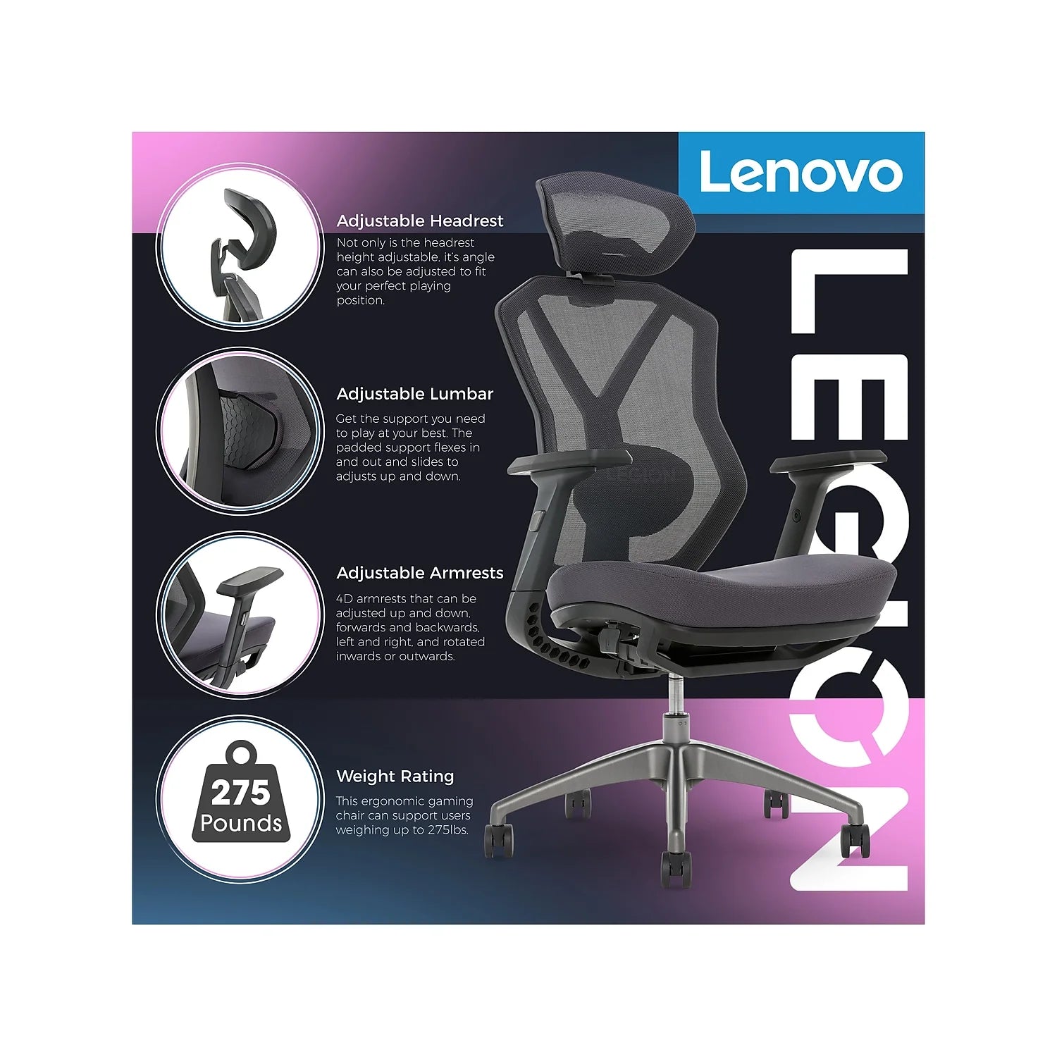 Lenovo ergonomic gaming chair with adjustable headrest, lumbar support, 4D armrests, and 275 lb weight rating