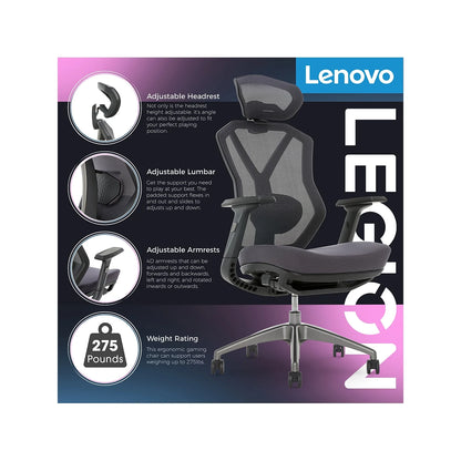 Lenovo ergonomic gaming chair with adjustable headrest, lumbar support, 4D armrests, and 275 lb weight rating