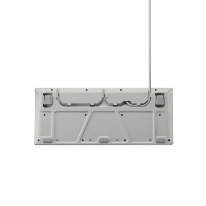 Bottom view of white gaming keyboard with adjustable feet and cable, Byte Style gear