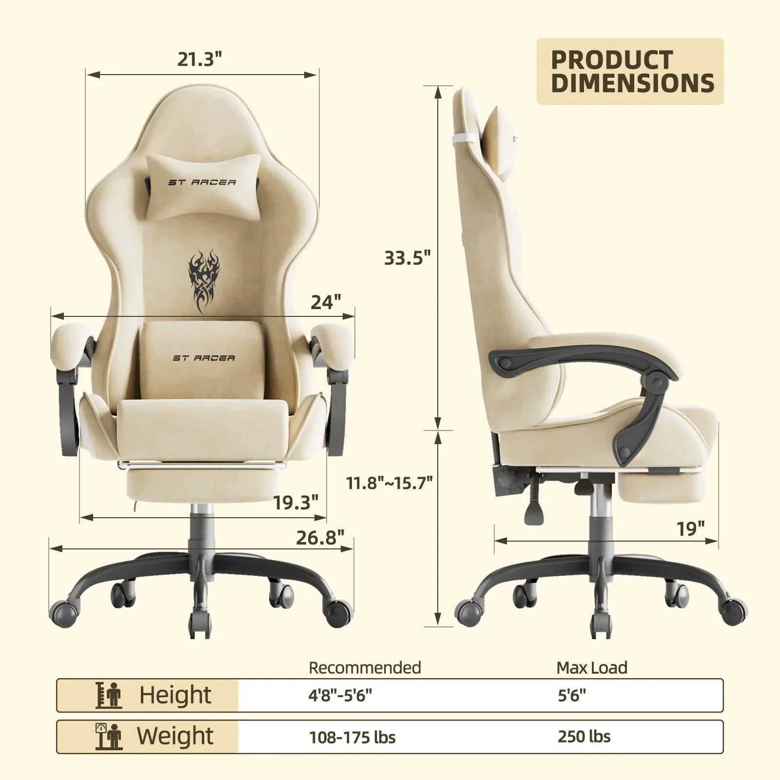 Beige ST Racer gaming chair with dimensions, ergonomic design, and adjustable features for comfort and support.