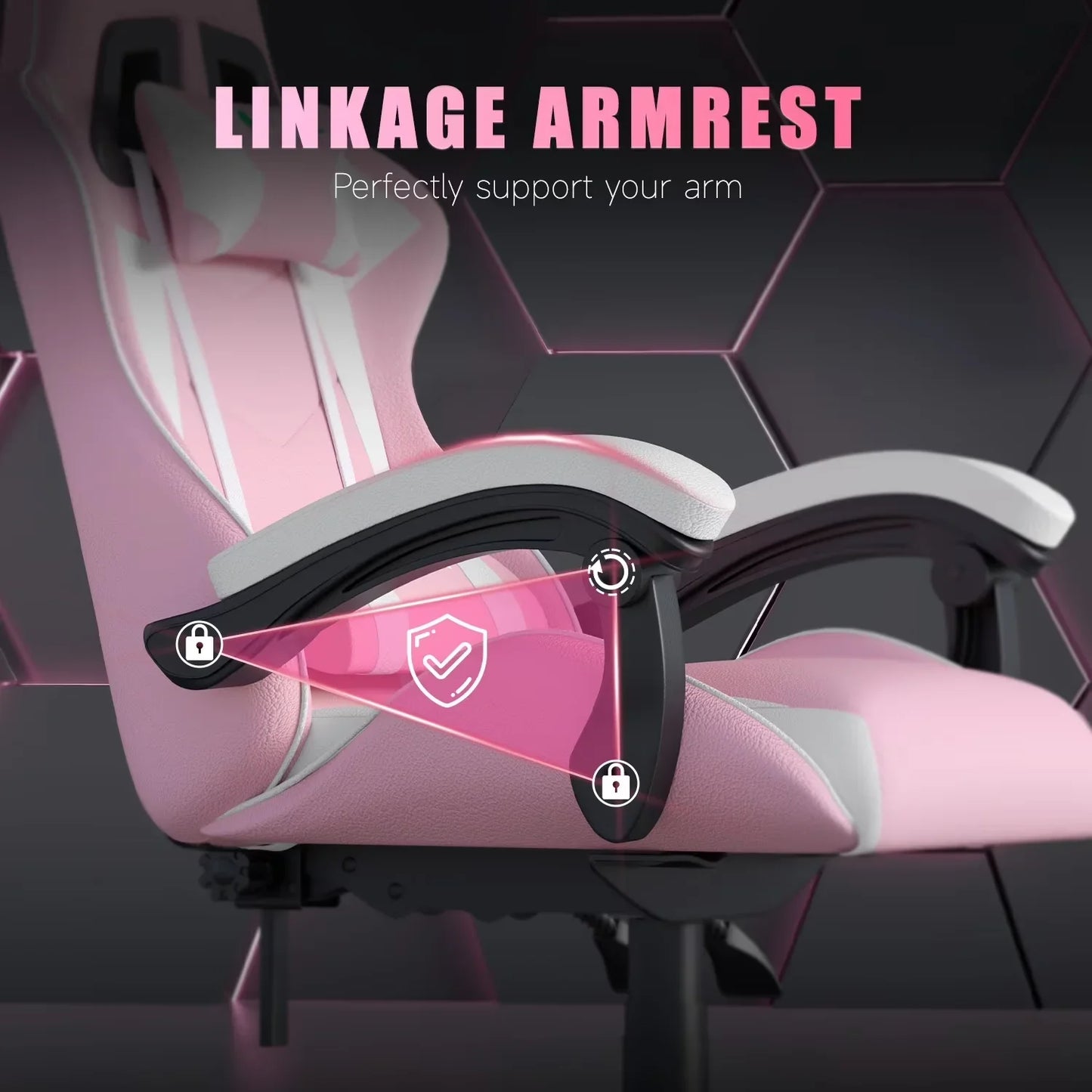 Pink gaming chair with adjustable linkage armrest for ergonomic arm support