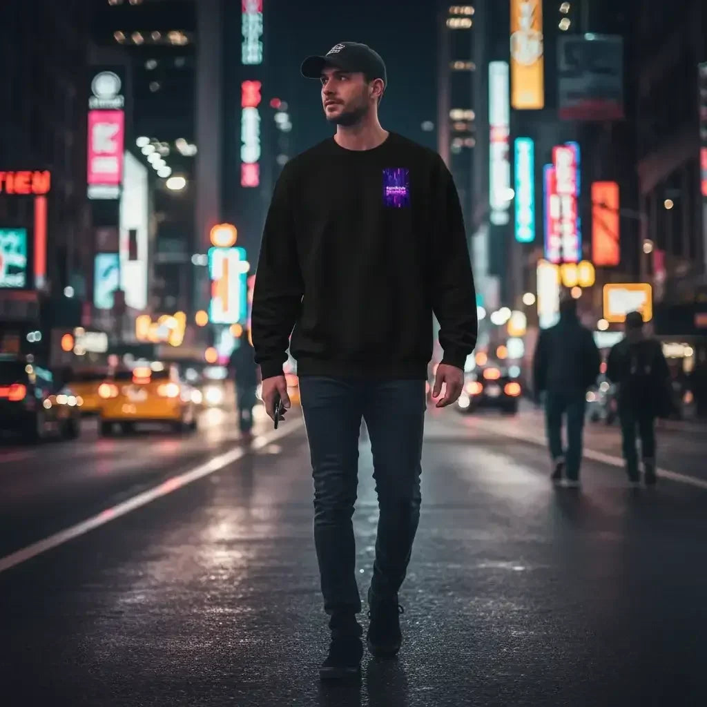 Man wearing black sweatshirt and cap walking on a city street at night with neon lights