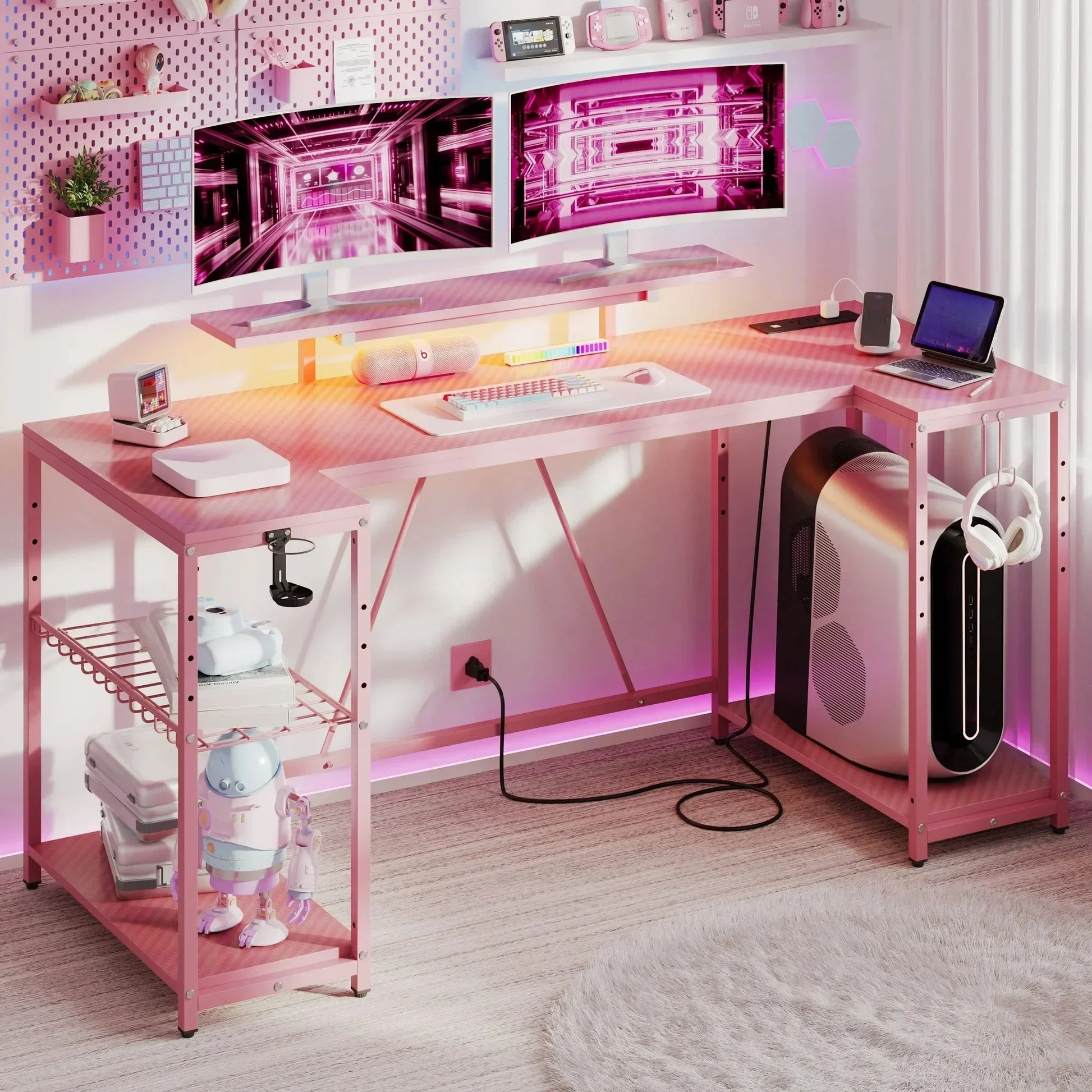 63" Gaming Desk with LED Lights, U-Shaped Computer Desk with Outlets & Monitor Stand, Home Office Desk with Storage Shelves in Pink