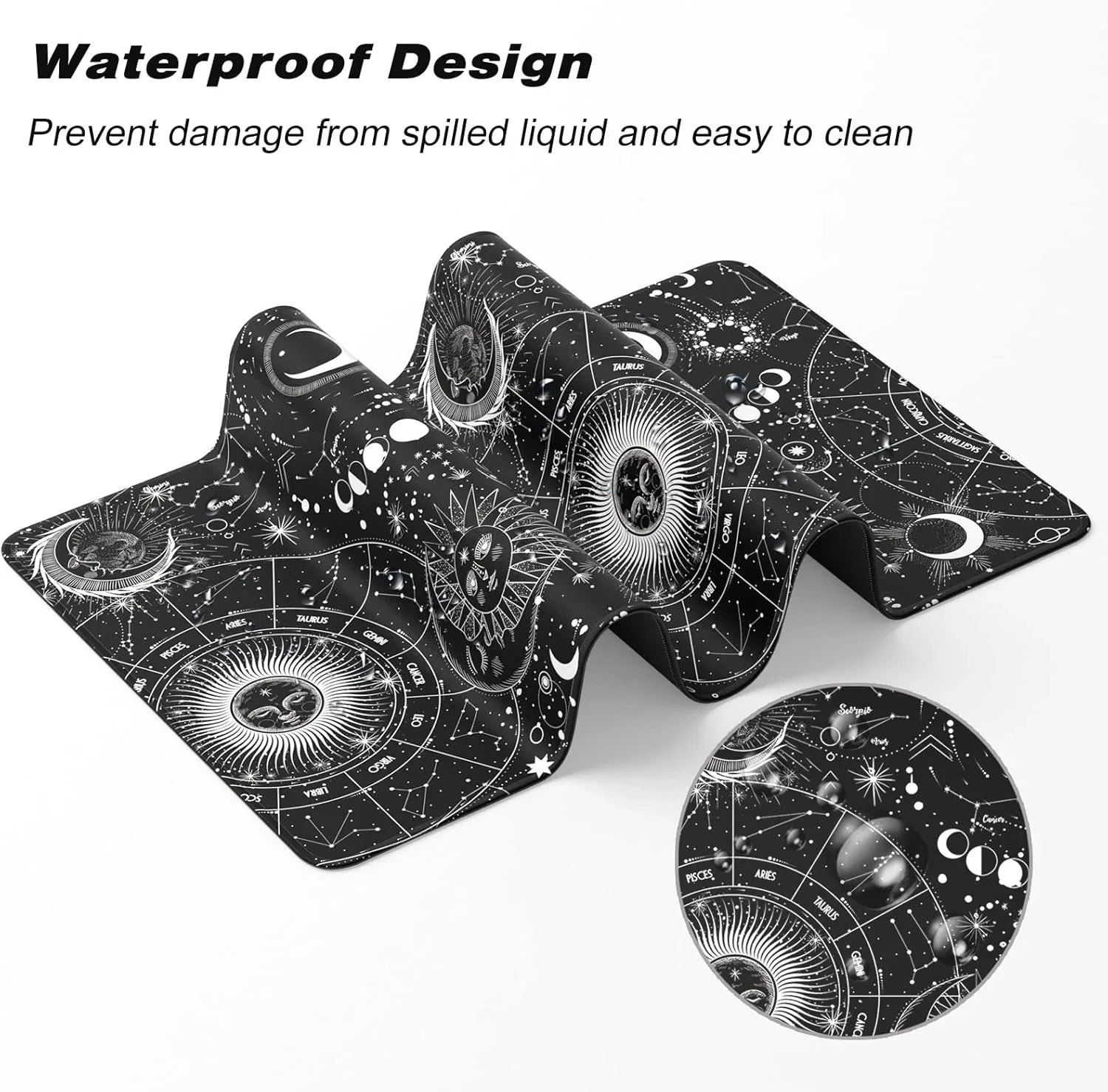 Black waterproof gaming mouse pad with white celestial and zodiac designs, easy to clean