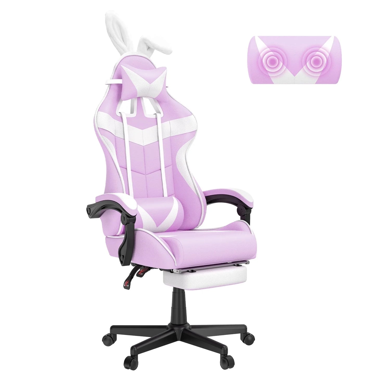 Pink and white gaming chair with bunny ears, lumbar support, and footrest for ergonomic comfort
