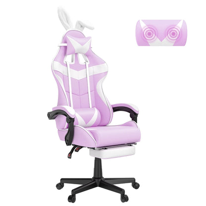 Pink and white gaming chair with bunny ears, lumbar support, and footrest for ergonomic comfort