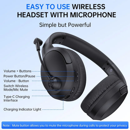 Wireless Headset with Mic AI Noise Cancelling for Work, Bluetooth V5.3 Headphones with Microphone for Computer Laptop PC Phone, Black