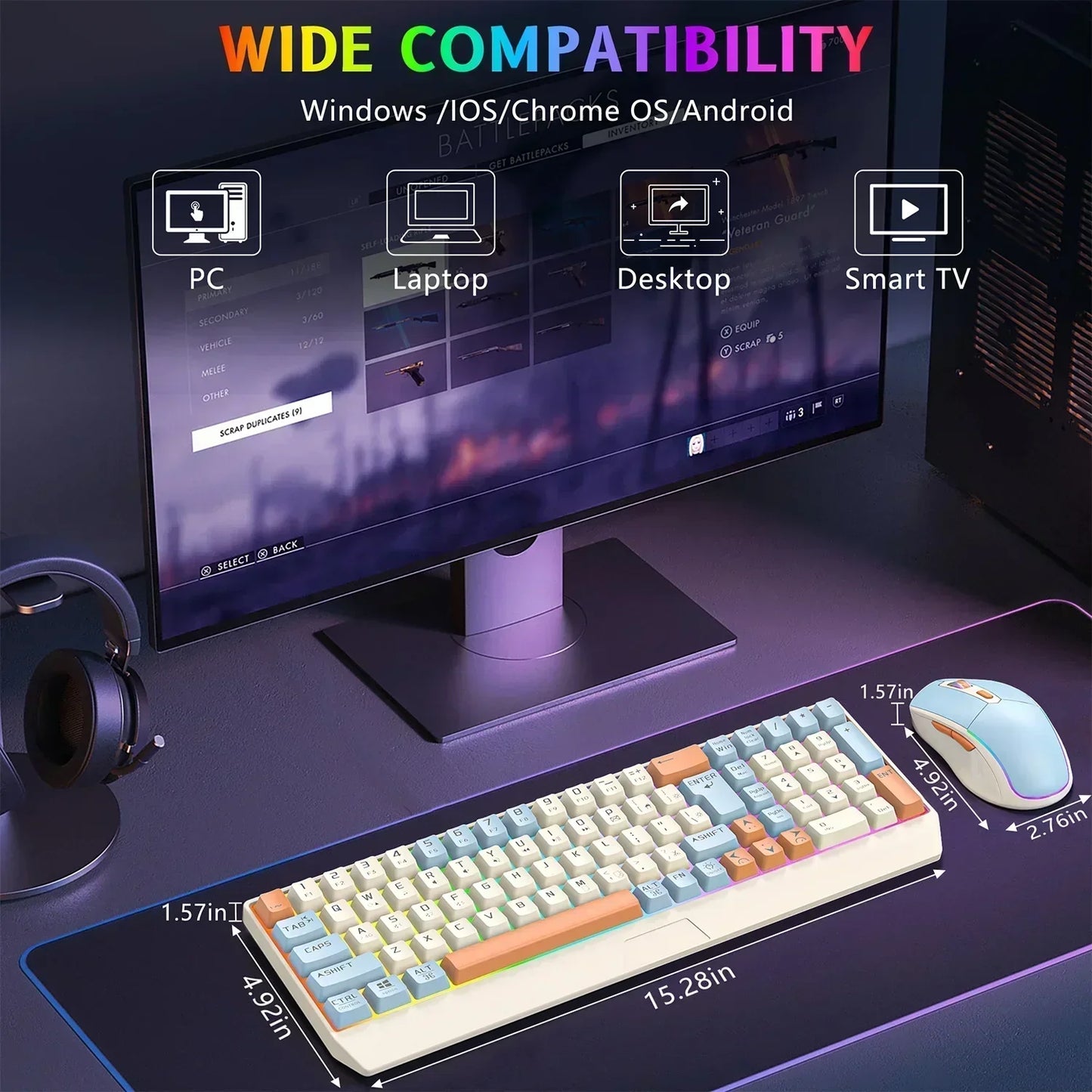 Wireless Gaming Keyboard and Mouse Combo 85 Key Rainbow Backlit, Rechargeable 2000Mah, Dual-Mode 2.4Ghz & BT5.0, Ergonomic Design for or Mac, Laptop, Desktop