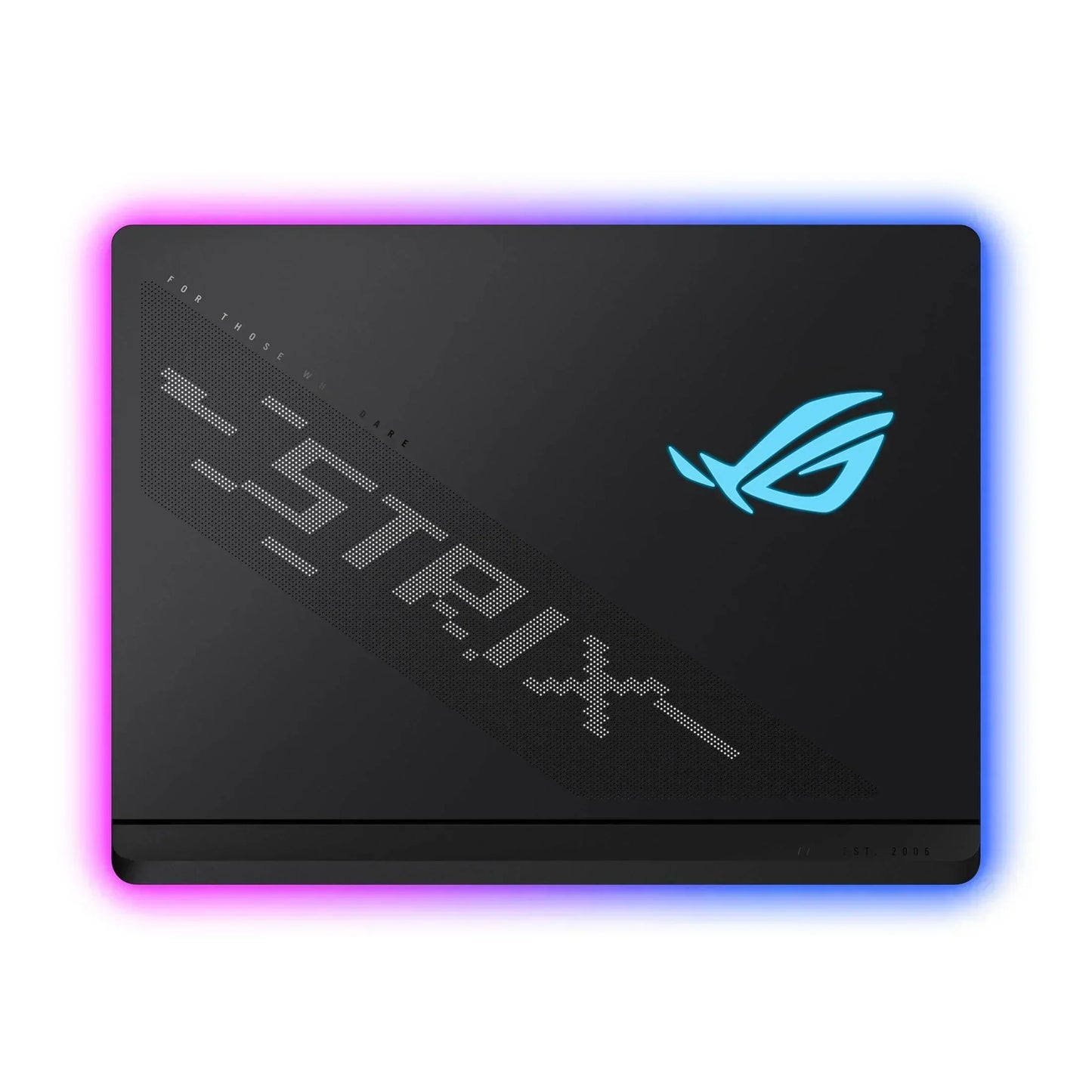 Gaming laptop closed, black lid with pixel art design, blue logo, RGB edge lighting