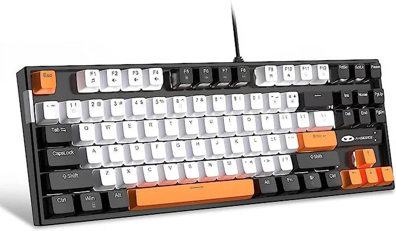 Black and white mechanical gaming keyboard with orange keycaps, retro 8-bit style, Byte Style