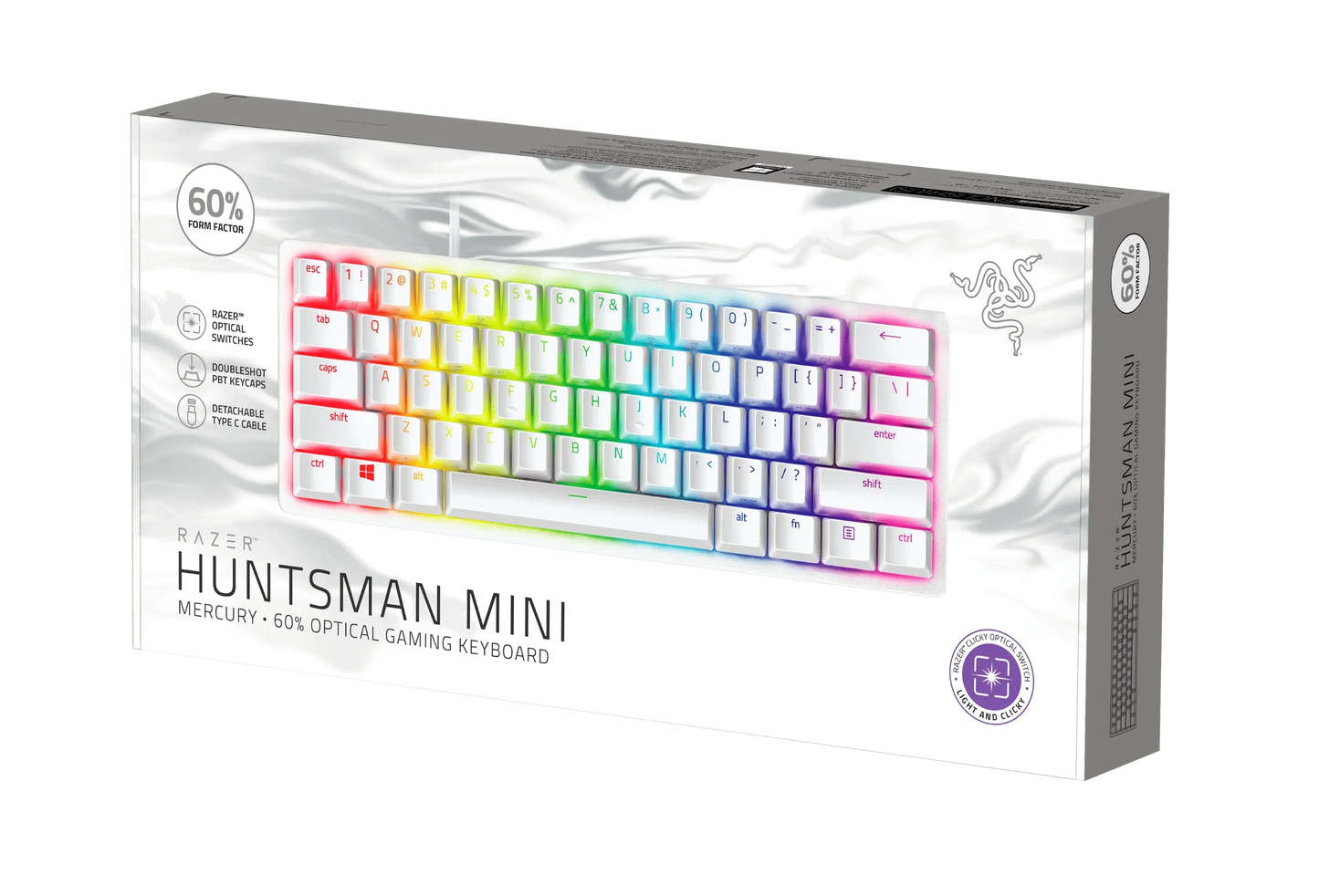 Razer Huntsman Mini Mercury 60% optical gaming keyboard with RGB lighting in retail box