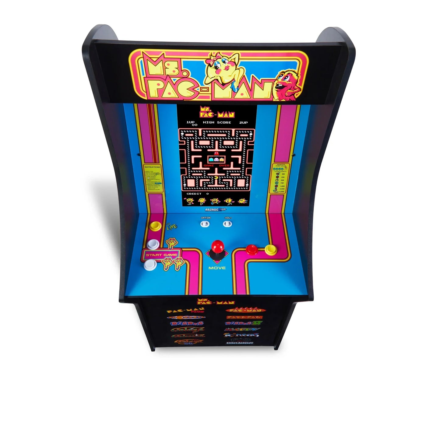 Ms. Pac-Man retro 8-bit arcade cabinet with colorful controls and game screen