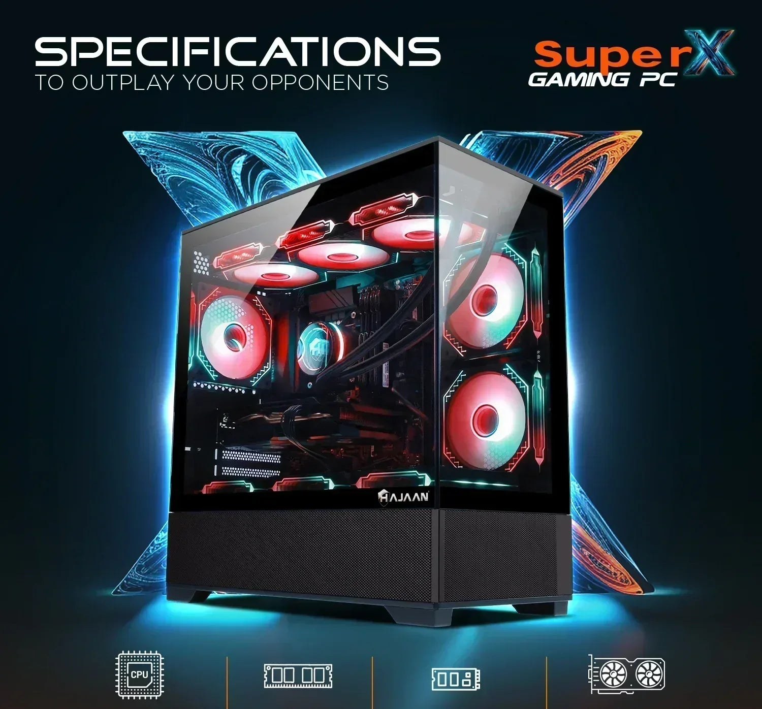 RGB gaming PC with glass case, red cooling fans, and illuminated Super X Gaming PC text.