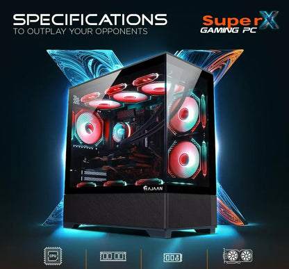 RGB gaming PC with glass case, red cooling fans, and illuminated Super X Gaming PC text.