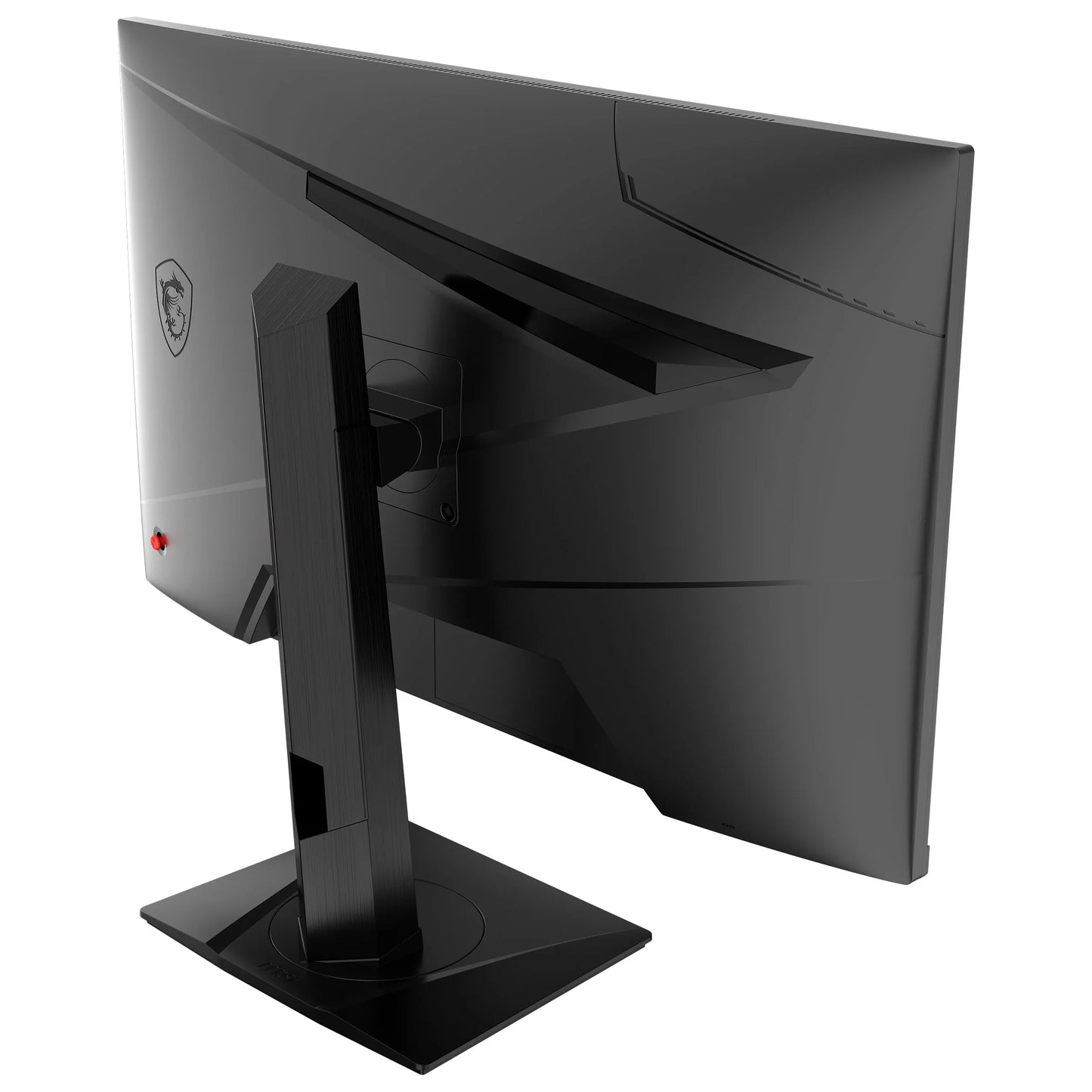 Rear view of sleek black MSI curved gaming monitor with angular stand and dragon logo