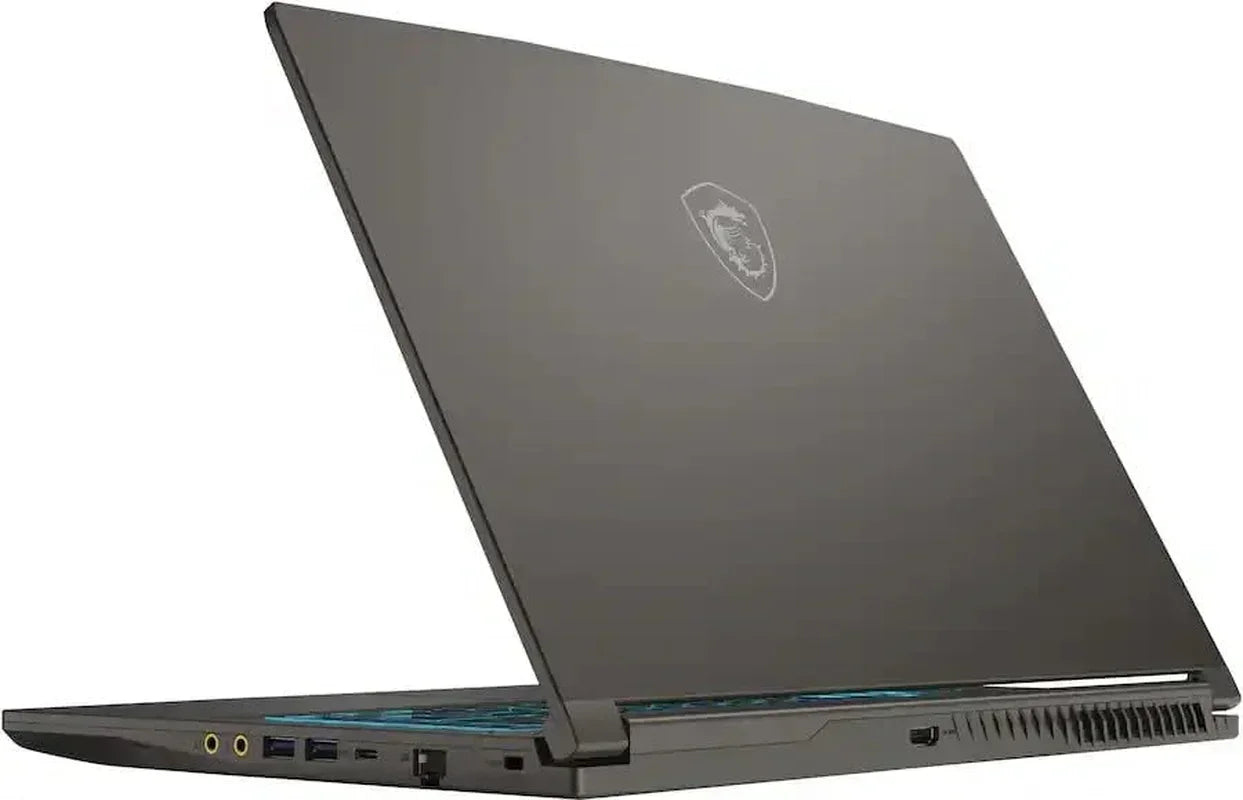 Sleek gaming laptop with backlit keyboard and multiple ports, angled rear view
