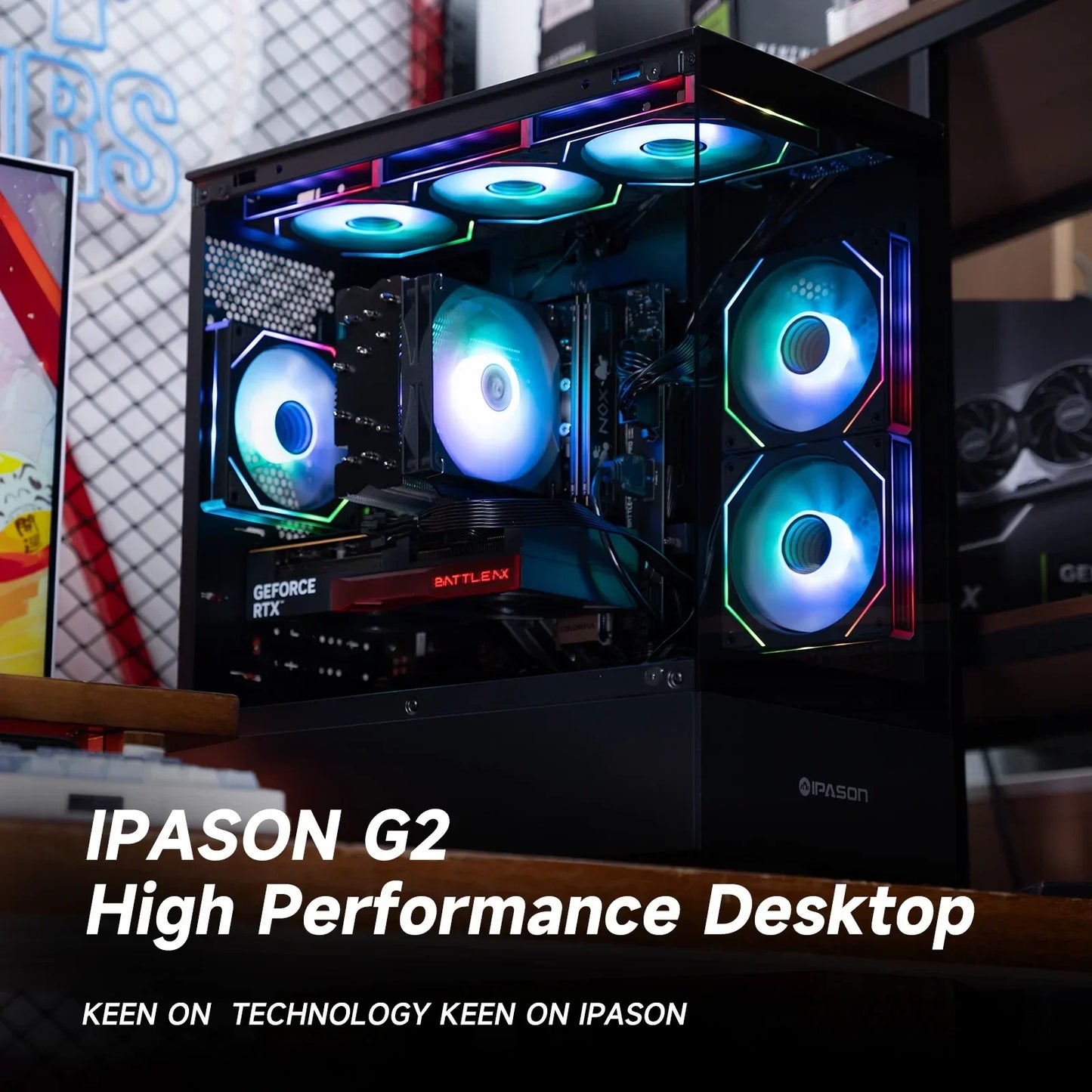 IPASON G2 high performance gaming desktop PC with RGB cooling fans and GeForce RTX graphics card