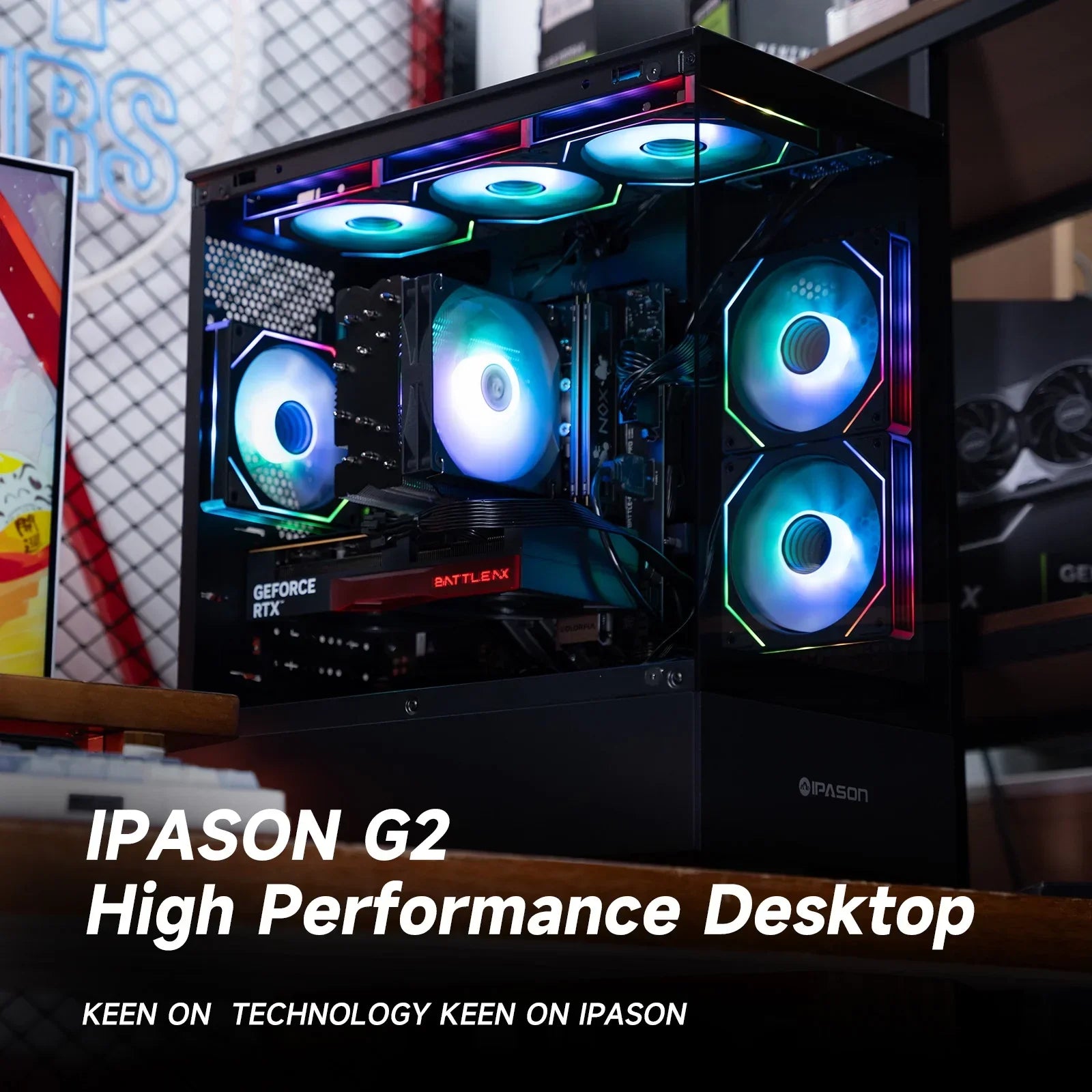IPASON G2 high performance gaming desktop PC with RGB cooling fans and GeForce RTX graphics card