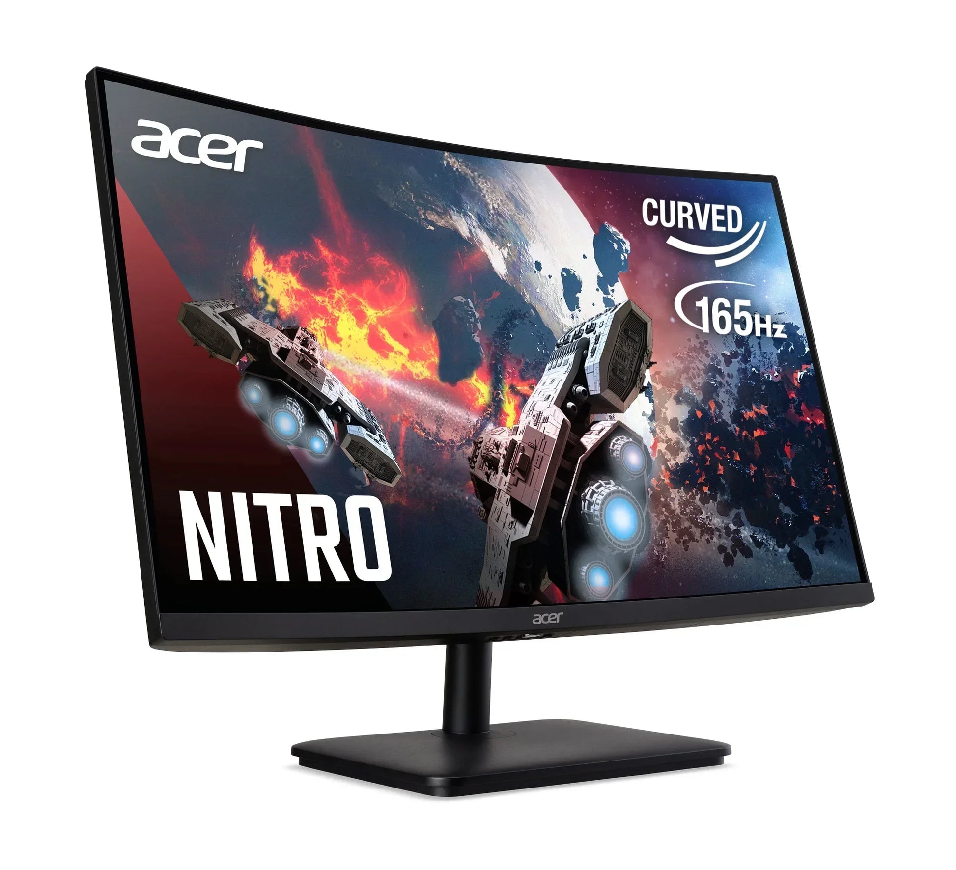 Acer Nitro curved gaming monitor showing space battle with spaceship and 165Hz refresh rate