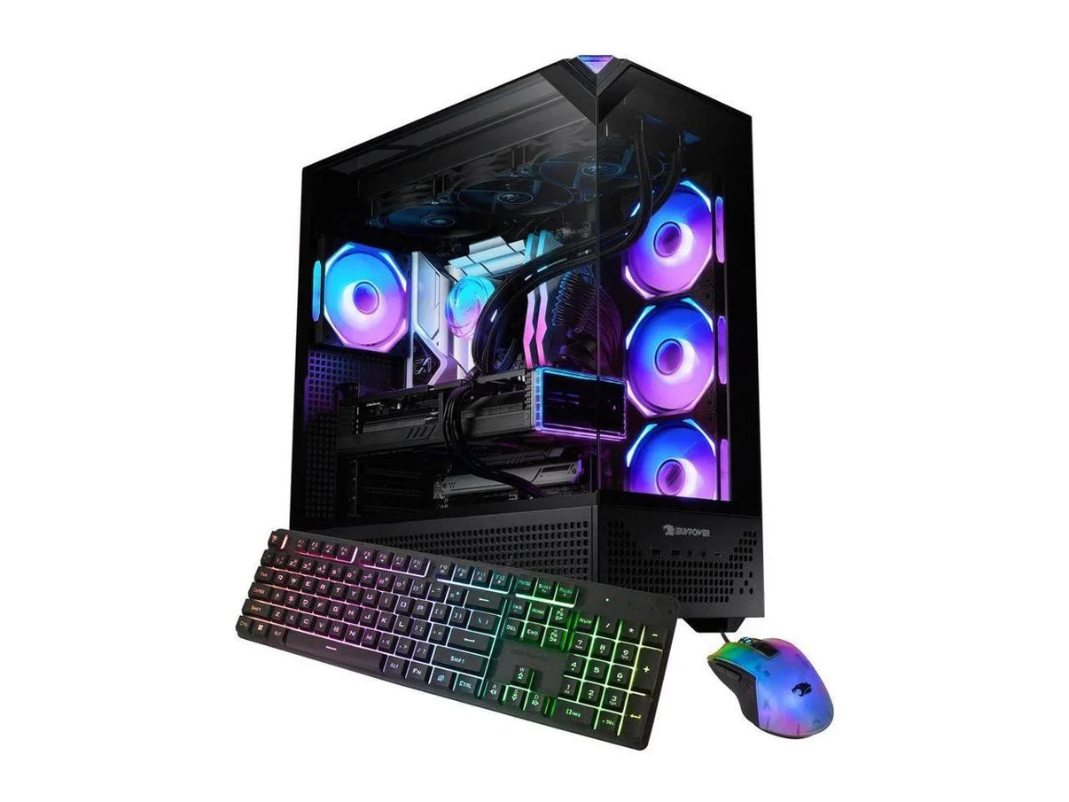 Gaming PC with RGB fans and liquid cooling inside black tower, RGB keyboard and mouse