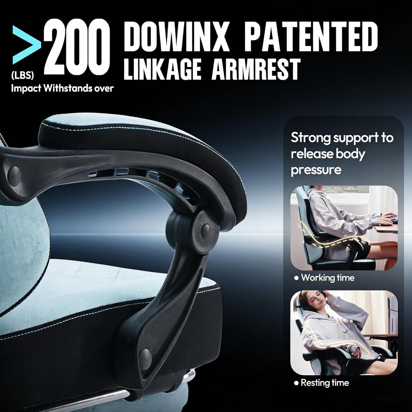 Dowinx patented linkage armrest supports over 200 lbs, offers strong ergonomic support for gaming or office use.