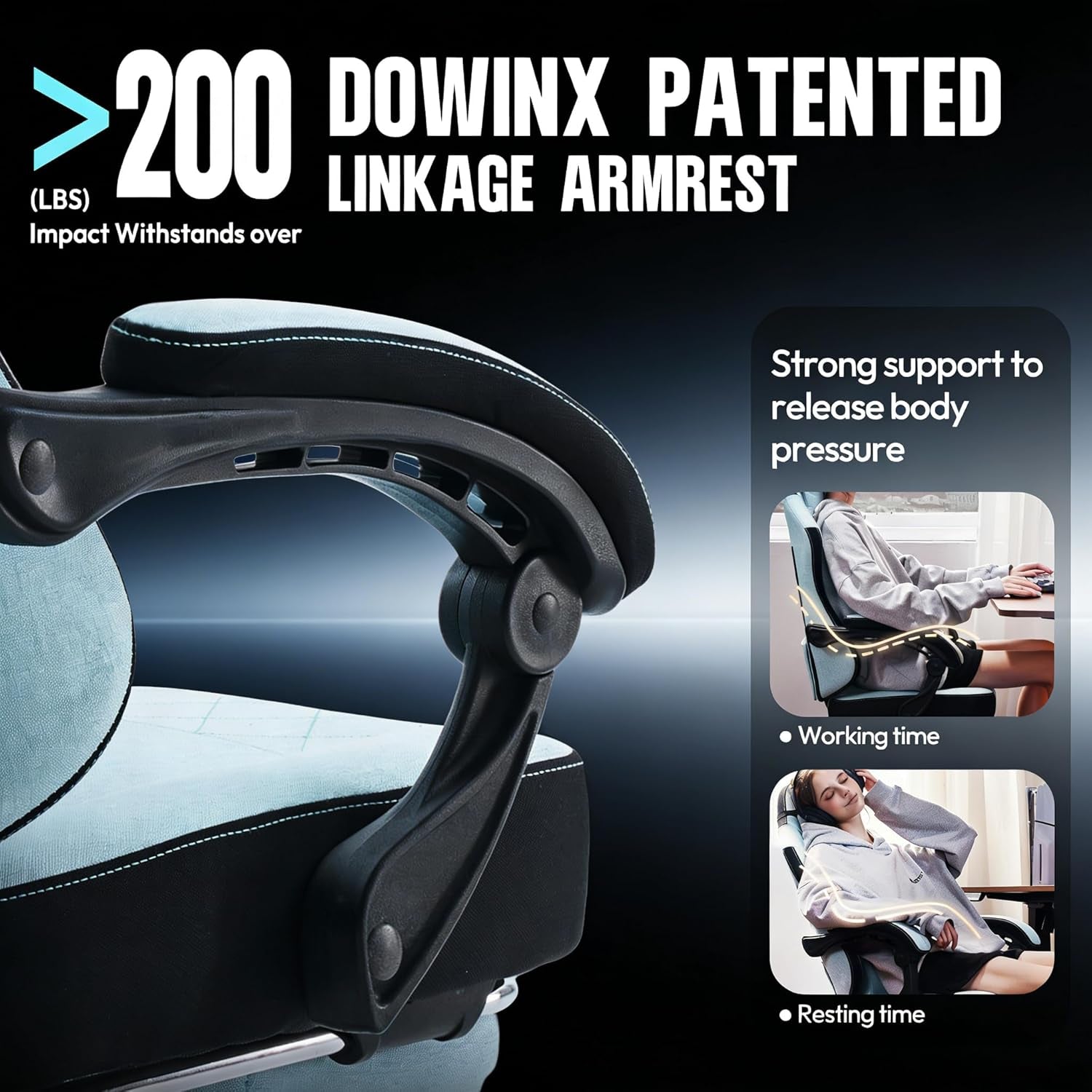 Dowinx patented linkage armrest supports over 200 lbs, offers strong ergonomic support for gaming or office use.