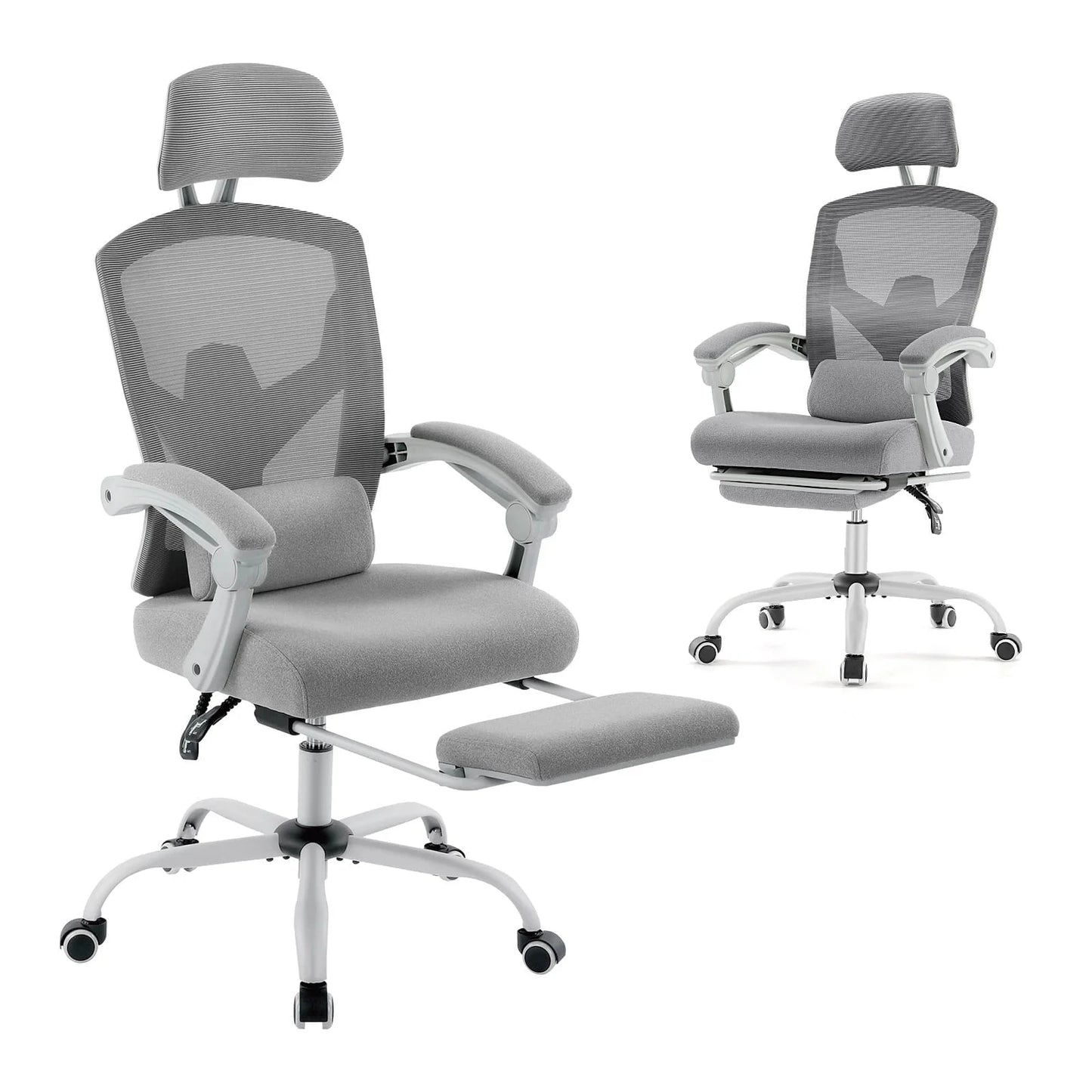 Gray ergonomic gaming chair with mesh back, headrest, lumbar support, and footrest on white background