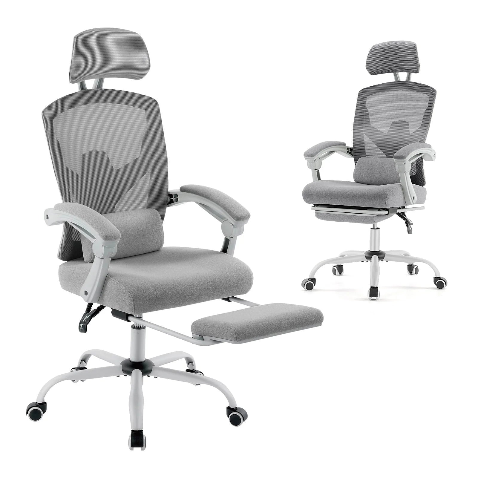 Gray ergonomic gaming chair with mesh back, headrest, lumbar support, and footrest on white background