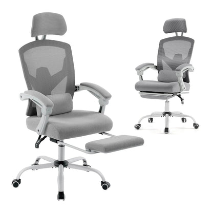 Gray ergonomic gaming chair with mesh back, headrest, lumbar support, and footrest on white background