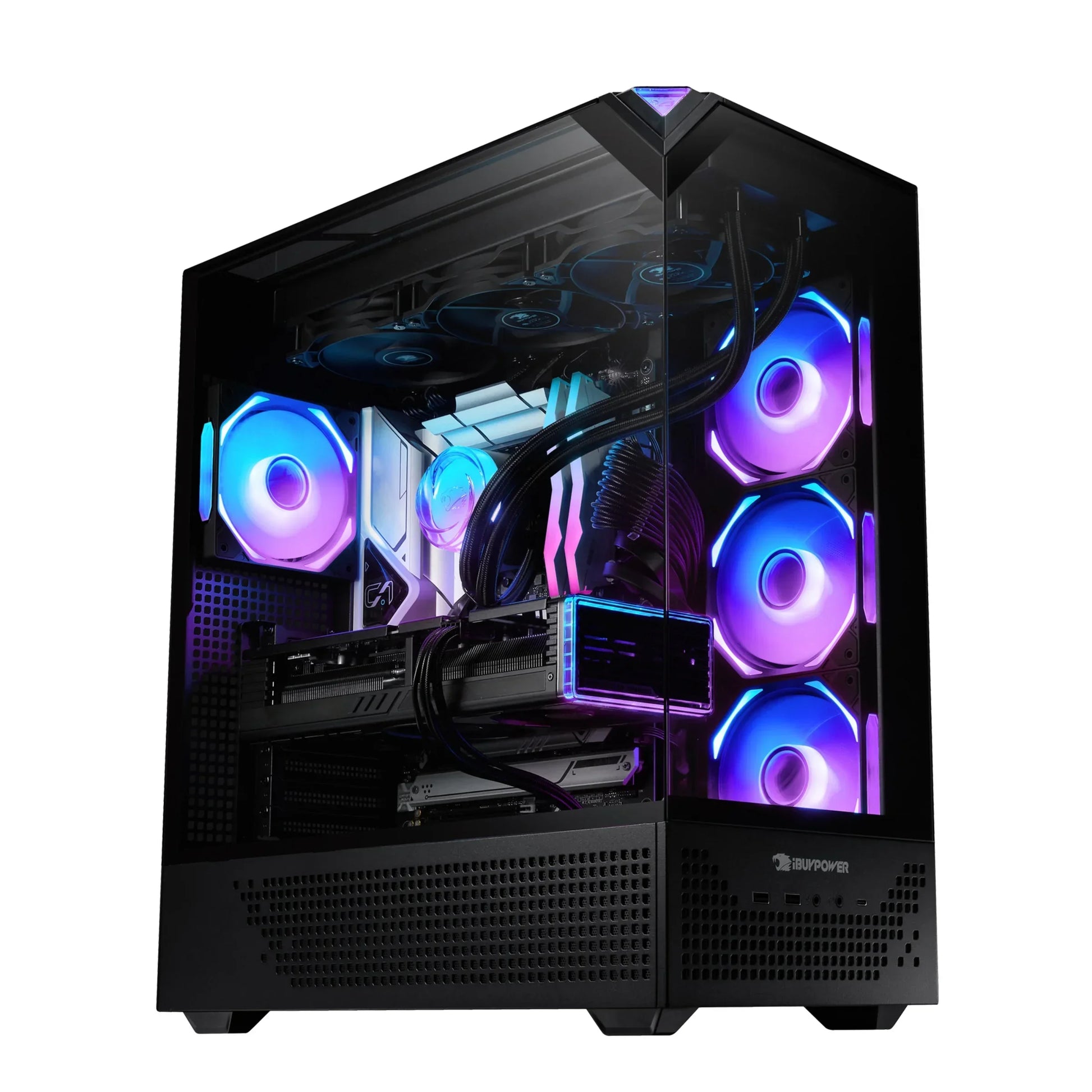High-performance gaming PC with RGB-lit cooling fans and transparent tempered glass side panel