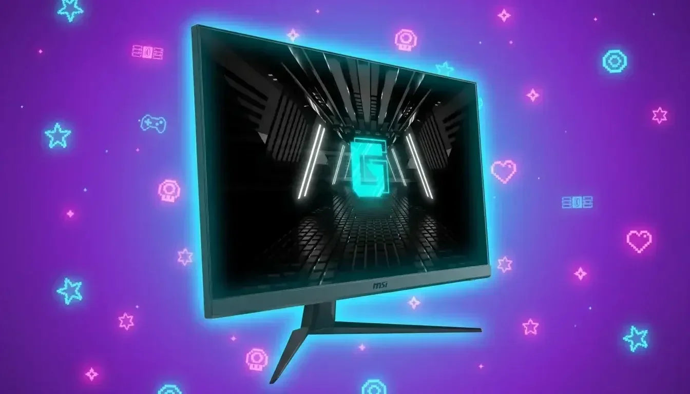 MSI gaming monitor with neon blue G logo and sci-fi corridor on screen, colorful pixel art icons around