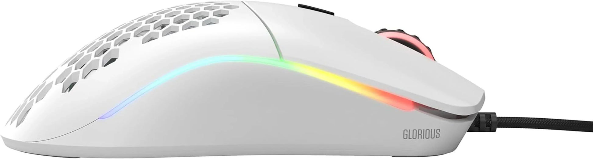 White wired Glorious gaming mouse with honeycomb shell and RGB lighting strip