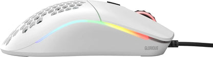 White wired Glorious gaming mouse with honeycomb shell and RGB lighting strip