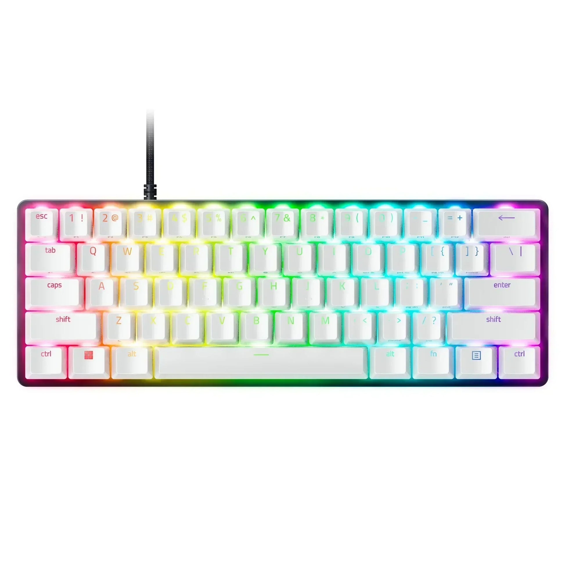 Compact RGB mechanical gaming keyboard with white keycaps and colorful backlighting
