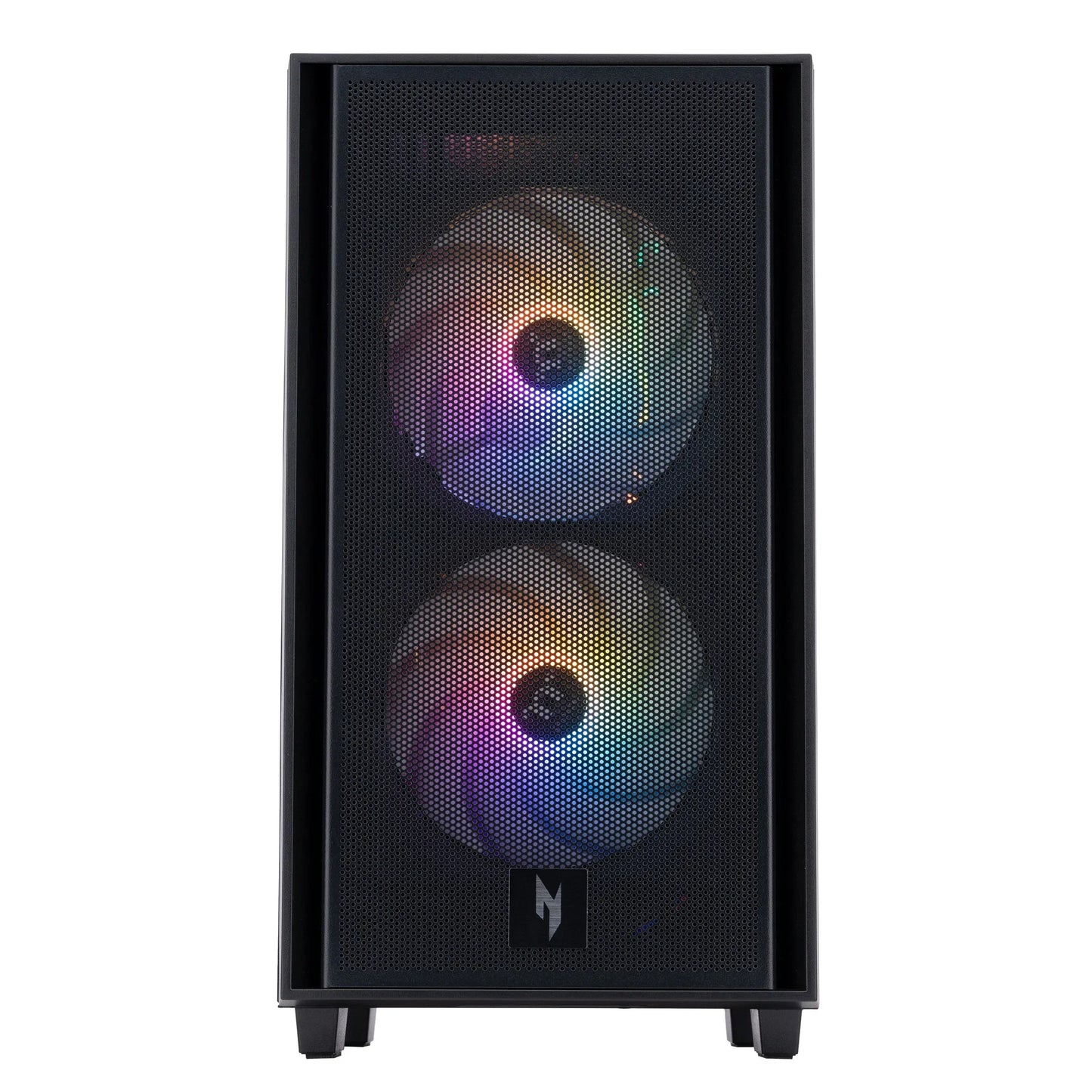 Front view of black gaming PC case with dual RGB fans and mesh panel, Byte Style retro gaming gear