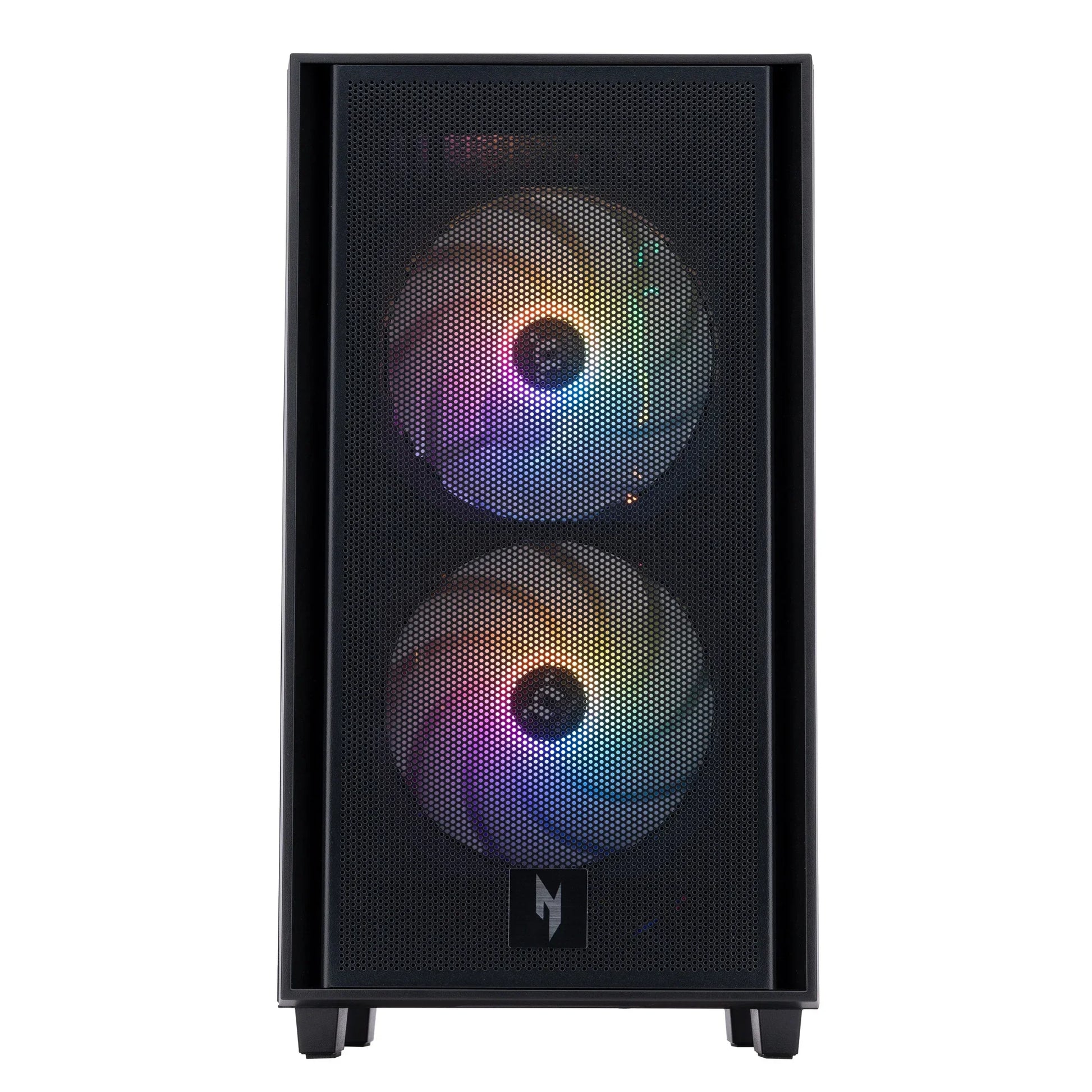 Front view of black gaming PC case with dual RGB fans and mesh panel, Byte Style retro gaming gear