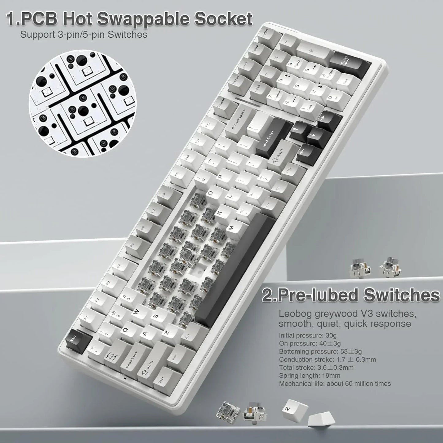 Hot swappable mechanical keyboard with pre-lubed Leobog switches and grey keycaps.