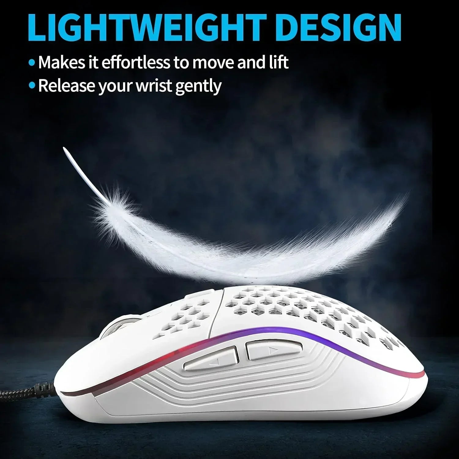 Lightweight white gaming mouse with honeycomb design, RGB lighting, and a feather above it