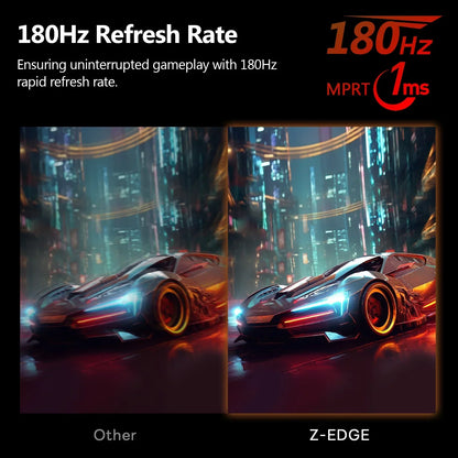 Comparison of blurred vs sharp image of futuristic sports car highlighting 180Hz refresh rate and 1ms response for gaming monitors