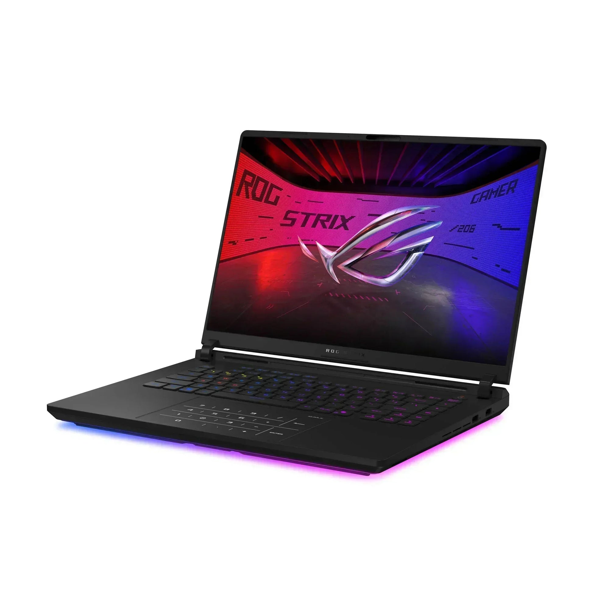 RGB gaming laptop with illuminated keyboard and display showing ROG Strix logo