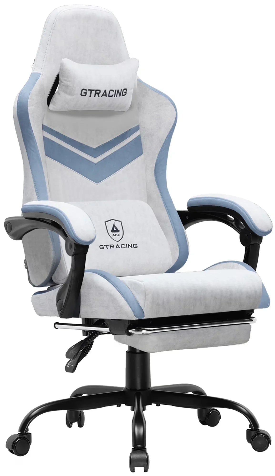 GTRACING ergonomic gaming chair in light gray and blue with padded armrests and adjustable footrest