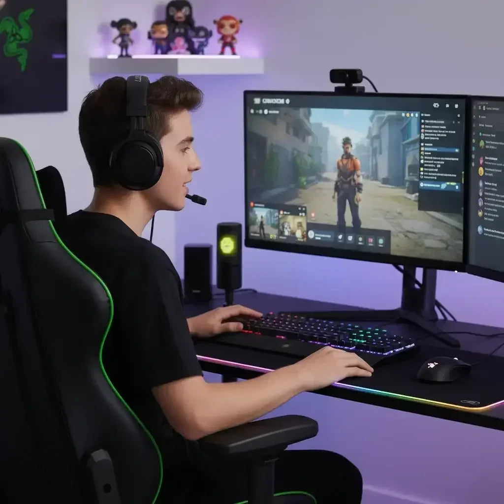Young male gamer wearing headset playing shooter game on desktop PC with RGB keyboard and mouse