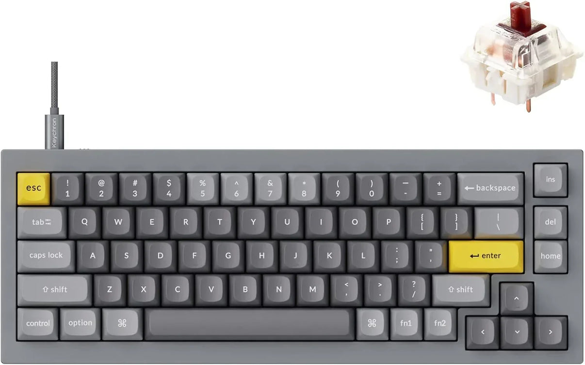 Gray Keychron mechanical gaming keyboard with yellow escape and enter keys, brown switch shown